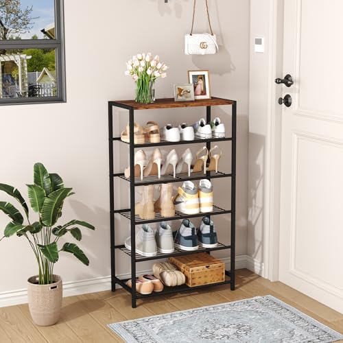 HOMEFORT Shoe Rack 6-Tier, Shoe Storage Shelf, Industrial Shoe Tower, Narrow Shoe Organizer for Closet Entryway, Small Shoe Rack Table with Durable Metal Shelves, Rustic Brown - color: Rustic Brown, size: 6-Tier (11.8"D x 23.23"W x 40.55"H)