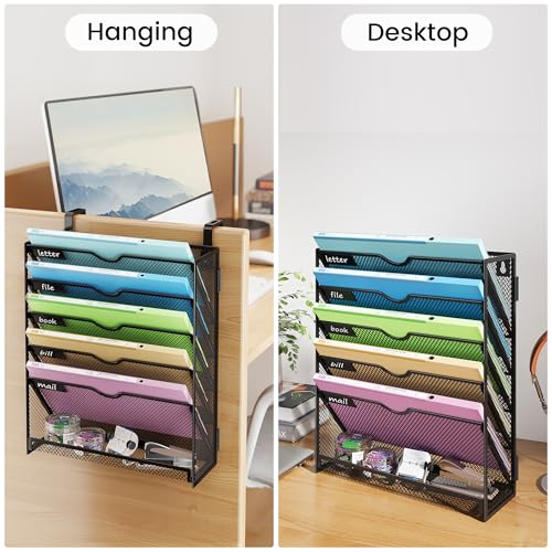 Hanging Wall File Organizer 6-Tier Wall Mount Mail Organizer & Desk Paper Organizer, Sleek Black Metal File Folder Holder for Office, Cubicle, Bedroom | All-in-One Document Storage Shelf - color: Black-1pack