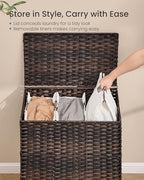 SONGMICS 3-Section Laundry Hamper with Lid, 42.2 Gal (160L) PE Rattan Laundry Basket with Removable Washable Liners, for Bedroom & Living Room, Chestnut Brown ULCB223ME01 - color: Chestnut Brown, size: 160 L (3 Basket)