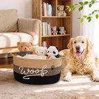 Woof Dog Toy Basket with Handles, Large Dog Toy Storage Bin with Paw Print, Woven Dog Basket for Blankets, Toys, Chews, Pet Toy Box for Nursery, Living Room, Bedroom, 17”x12”x9, Black - color: Black