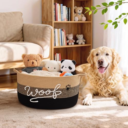 Woof Dog Toy Basket with Handles, Large Dog Toy Storage Bin with Paw Print, Woven Dog Basket for Blankets, Toys, Chews, Pet Toy Box for Nursery, Living Room, Bedroom, 17”x12”x9, Black - color: Black