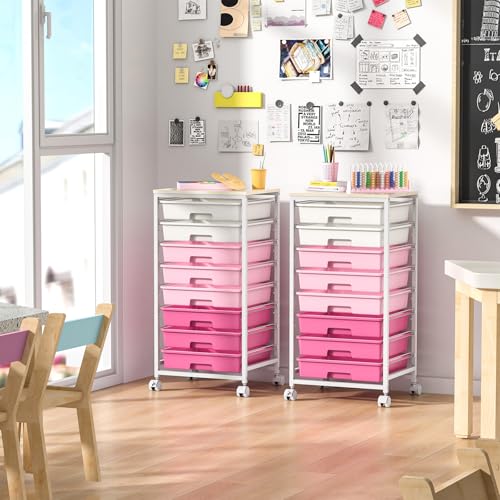 Rolling Cart with Drawers,Storage Cart with 8 Drawers and Wooden Tabletop,Utility Cart for Living Room,Classroom, Bedroom,Bathroom,Dorm,Office,Rose Pink - color: Rose Pink