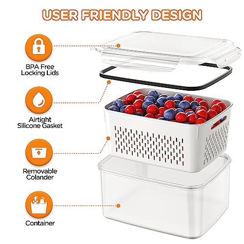 5-Pack Fruit Storage Containers for Fridge with Removable Colanders, 4 in 1 Produce Storage Containers with Lids, Leakproof Fridge Organizer Bins for Salad Berry Lettuce Vegetables Meat Keeper Fresh - color: 5P white