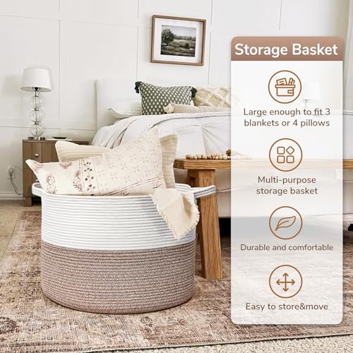 Goodpick Large Storage Basket, 83L Dorm Room Essentials, Blanket Woven Rope Basket for Living Room, Baby Blanket Storage, 21.7 x 13.8 inches - color: Mele, size: 21.7x21.7x13.8 Inch (Pack of 1)
