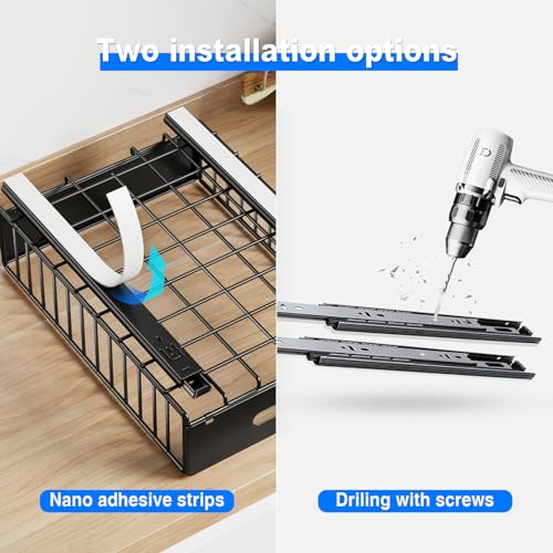 Mustorn 2 Pack Pull Out Cabinet Organizer, Slide Out Drawers for Cabinets, Peel and Stick, Heavy Duty Shelves for Kitchen, Cupboard, Pantry, Bathroom (16.5"D*11.8"W*3.94"H-Black) - color: Black, size: 16.5"D*11.8"W*3.94"H