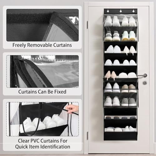 WERNNSAI Over the Door Shoe Organizer with Clear Curtain Dustproof, 9-Shelf Shoe Rack, Deep Pockets Large Hanging Shoes Rack for Closet Door Dorm Bedroom Guest Room Black