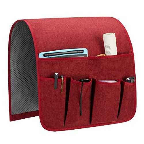 Sofa Armrest Organizer, Remote Control Holder for Recliner Couch, Arm Chair Caddy with 5 Pockets for Magazine, Tablet, Phone, iPad - color: Burgundy, size: W13'' x L33''