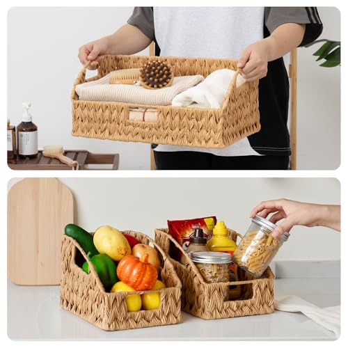 GRANNY SAYS Wicker Storage Basket for Shelves, Wicker Basket with Handles, Trapezoid Woven Baskets for Storage, Decorative Baskets for Home Decor, Natural, 3 Pack - color: Natural, size: 10¾"D x 17"W x 7½"H + 2x 9½"D x 7½"W x 6¾"H