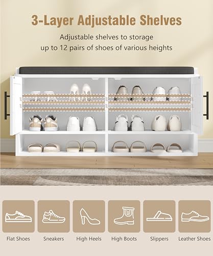 Farmhouse Shoe Storage Bench with Cushion, Entryway Bench with Adjustable Shelves and Open Bottom Shelf, Hidden Shoe Cabinet Storage for Entryway, Hallway, Living Room, Bedroom, White