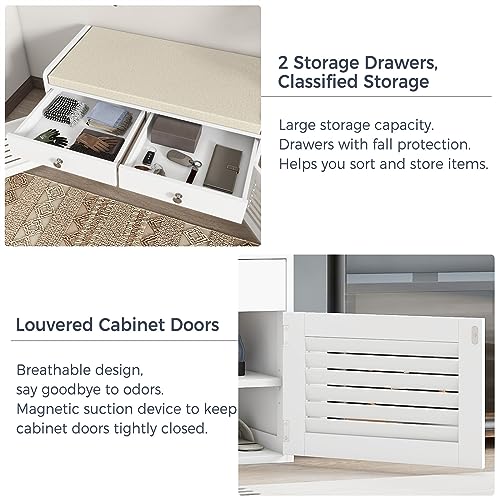 WARMHONIU Shoe Storage Bench with 2 Drawers, Entryway Bench with Cushion, Adjustable Shelves, Shoe Rack Bench with Louvered Doors for Entryway, Bedroom, Hallway, White - color: White, style: 2 Drawers Storage