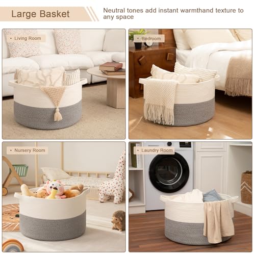 OIAHOMY Large Blanket Basket for Living Room, 19.7" x 12.6" Woven Cotton Rope Laundry Basket for Organizing Pillows, Decorative Stuffed Animal Toy Storage Bin for Nursery, White and Light Grey - color: White and Light Grey, size: 19.7"D x 12.6"H