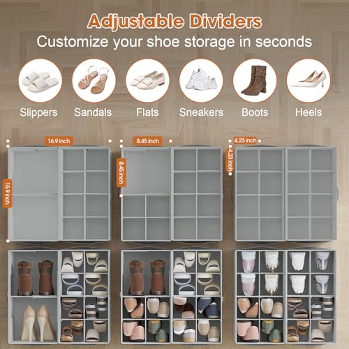 4 Pack Shoe Organizer for Closet,Foldable Shoe Storage Organizer with Adjustable Dividers, Shoe Storage Box with Clear Cover, Fits up to 32 Pairs, Gray - color: Gray, size: 4 Pack