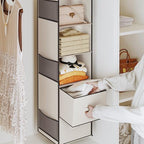 YOUDENOVA Hanging Closet Organizer, 5 Tier Hanging Closet Shelves with 6 Side Pockets and 2 Drawers, Beige - color: Beige