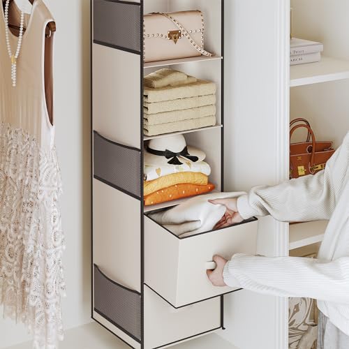 YOUDENOVA Hanging Closet Organizer, 5 Tier Hanging Closet Shelves with 6 Side Pockets and 2 Drawers, Beige - color: Beige