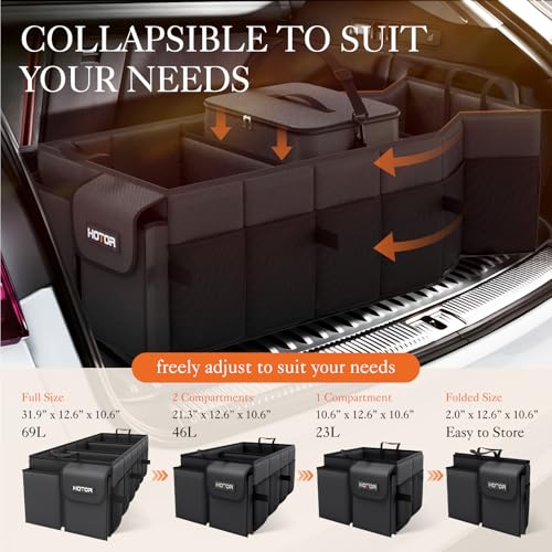 HOTOR Trunk Organizer, Sturdy Foldable with Cooler for Car & SUV, 3 Compartments, Black, 30.90”×12.60”×10.63” - color: Black, size: Large