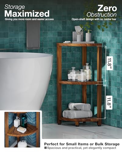 BLUEWEST 3-Tier Corner Shower Caddy Stand, Wood Shower Organizer Standing with Anti-Slip Feet, Waterproof & Durable Bathroom Corner Shelf, Space-Saving Design Storage for Kitchen or Living Room