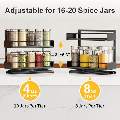 iSPECLE 2 Pack Pull Out Spice Rack - Rotate Peel and Stick No-Drill Vertical Spice Rack Organizer for Cabinet Easy Access Spices, Adjust Height for 4oz to 8oz Spice Jars, Fits Small Pantry Cabinet - color: 2-Pack Black