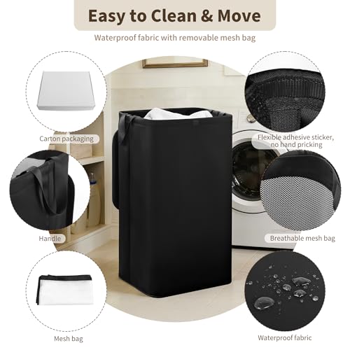 80L Large Laundry Hamper with Lid, Foldable Laundry Bag for Washing Machine with Removable Inner Bag, Dirty Hampers for Bedroom, Bathroom,Laundry Room, College (Black) - color: Black