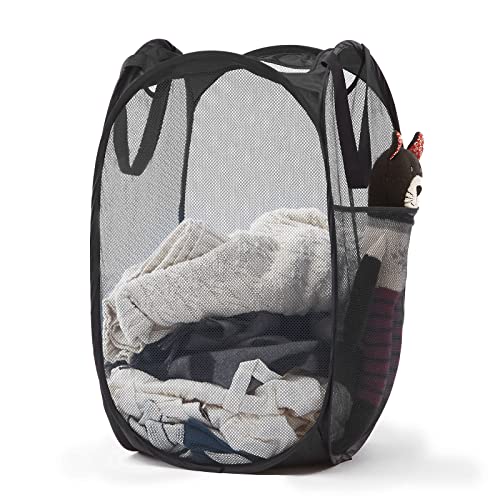 Collapsible Mesh Pop Up Laundry Hamper with Sturdy Handles and Side Pocket - Portable Foldable Clothes Baskets for Dorm, Bathroom & Travel Storage (Black) - color: Black, size: 1 Pack