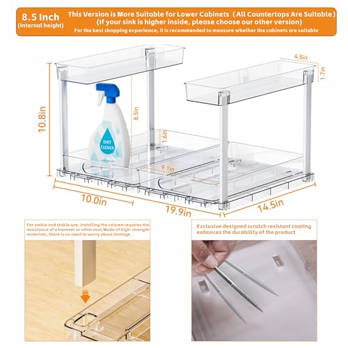 Yieach 2 Pack 14.5″ Deep Pull Out Under Sink Organizer,10.8″ High 2 Tier Slide Out Cabinet Organizer for Kitchen Cabinet,Undersink Organizers,Under Sink Shelves,Bathroom Organizers and Storage,Clear - color: Clear