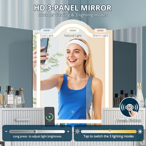 FURSUN Fluted Makeup Vanity Desk with HD 3 Way Mirror and Lights, 51" Large Corner Vanity Table with Charging Station, Dressing Table with 4 Drawers & 2 Storage Cabinets for Bedroom, White - size: 20.0"D x 51.2"W x 56.3"H, style: White