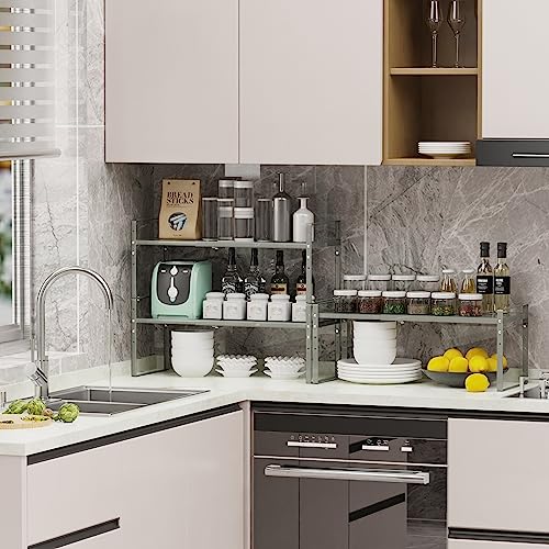 Jojocross Expandable Stackable Spice Rack Cabinet Shelf Organizer in Cabinets Shelves Kitchen Cupboard Organization Stack up Racks Pantry Countertop Storage (Gray, Large 2 Packs) - color: 2 Packs/Gun-gray, size: L:10.04"D x 16.6"W x 5.75"H