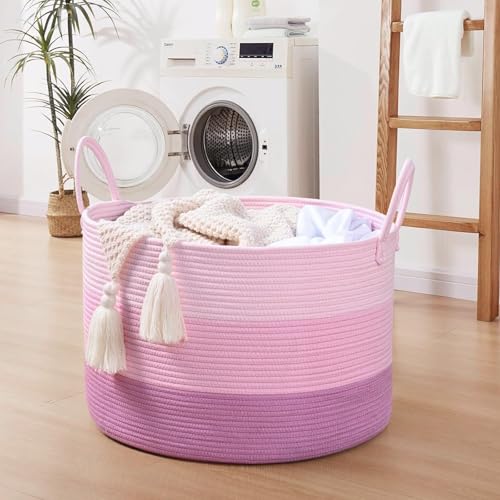 Extra Large Toy Basket, 20"x13" Kids Toy Storage for Playroom Classroom Nursery, Woven Rope Blanket Basket with Handles, Stuffed Animal Organizer & Dog Toys Basket, Pink - color: Pink - Wide