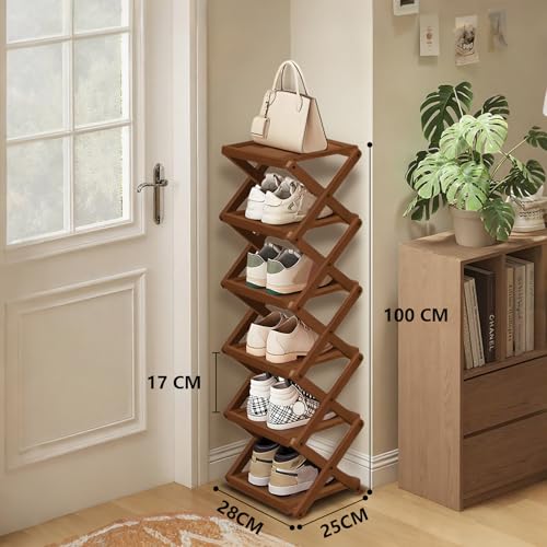 YYW Shoe Rack, Foldable Bamboo Shoes Shelf, Freestanding Shoe Storage Organiser for Entryway, Bedroom, Closet, Hallway Functional, Natural Shoe Rack (Brown, 6 Layers) - color: Brown, size: 6 layers