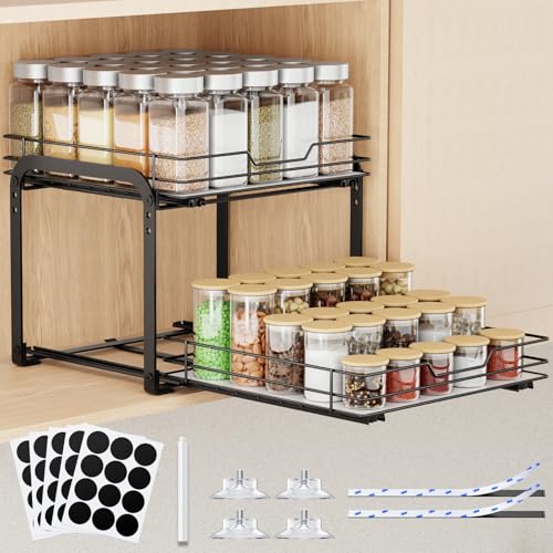 Spice Rack Organizer for Cabinet, 2 Tier Pull Out Spice Rack – Heavy Duty Metal Spice Organization for Cabinet, 50-Jar Capacity, Height Adjustable Cabinet Organizer (11.5W" X 10.5"D X 9"H, Black) - size: 11.5W" X 10.5"D X 9"H - 2 Tier