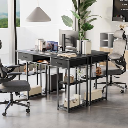 DUMOS 48" Small Computer Home Office Desk for Bedroom with Drawers, Gaming Writing Study Table with Storage Shelf, Adjustable Feet, Metal Frame Black - color: Black, size: 48-In