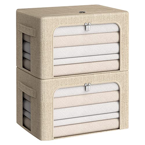 CYhom Clothes Storage Bins Box - Linen Fabric Foldable Stackable Container Organizer Set with Clear Window & Carry Handles & Metal Frame for Bedding, Blankets, Books (Beige, Medium-36L) - color: Beige, size: Medium-36L