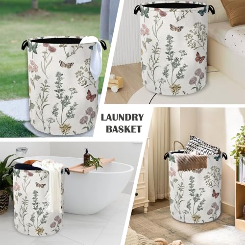 Wildflowers Butterfly Laundry Basket,Herb Plants Oxford Cloth Laundry Hamper with Handle Foldable Portable Clothes Storage Basket for Bathroom Bedroom Dorm Room 16" x 20.8" - color: Wildflowers Butterfly Herb Plants