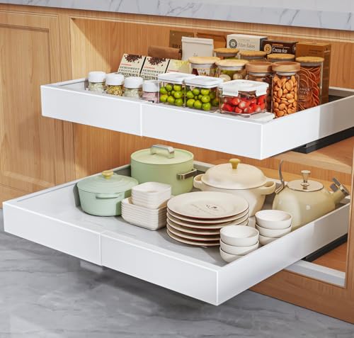 Seinloes 2 Pack Pull Out Cabinet Organizers 16.5" Deep With Raising Pad for Framed Cabinets,Expandable Slide Out Drawers Upgrade 3 Slide Rails,Roll Out Shelves,Adjustable Width 12.1"-20.45" White - color: White, size: 12.1"-20.45"Wide x 16.5"Deep(2 Pack)