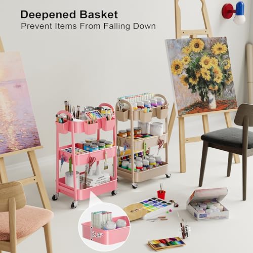 Beige 3 Tier Rolling Cart Metal on Wheels, Three Tiered Storage Organizer Utility Trolley with Wheels for Art, Craft, Baby Diaper Caddy, Snack, Book, Nail, Lash, Cleaning Supplies, Kitchen, Bathroom - color: Light Beige, size: 3 Tier+Cups+Hooks