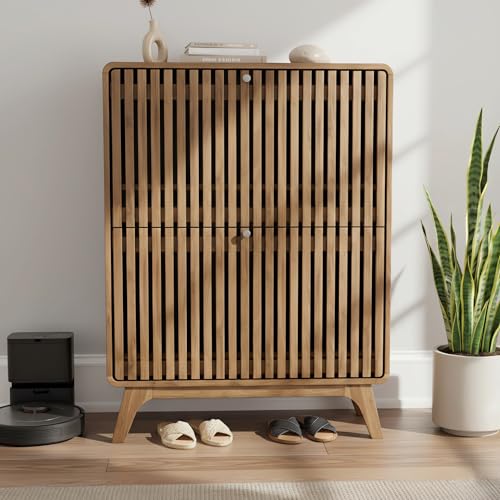 Jluomei Fluted Narrow Shoe Cabinet for Entryway, Slim Wood Shoe Storage Cabinet with Flip Drawers, Bamboo Thin Shoe Rack Organizer for Entry Way, Hallway, Hidden, Walnut - color: Walnut-31.5" Wide