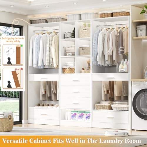 Homieasy Closet System Organizer of 3 sets, Wardrobe Closet with 5 Drawers and Partition Storage, 2 Pants Rack, 2 Hanging Rods, Freestanding Closet Organizer for Bedroom & Walk-in Closets, White