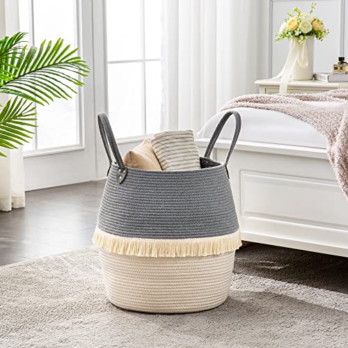 KAKAMAY Woven Baskets for Storage(17"x17"),Large Cotton Rope Woven Baby Laundry Hamper,Collapsible Laundry Basket, Blanket Basket for Organizing Living Room,Nursery,Pillows,Toy Chest(Grey) - color: Grey Fringe