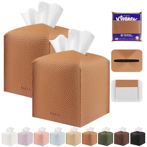 Tissue Box Cover Holder Square Tissue Cube Cover PU Leather Tissue Organizer with Bottom Belt for Bathroom, Tabletop, Car, Night Stands, Office, Home, Kitchen (2, Brown) - color: Brown