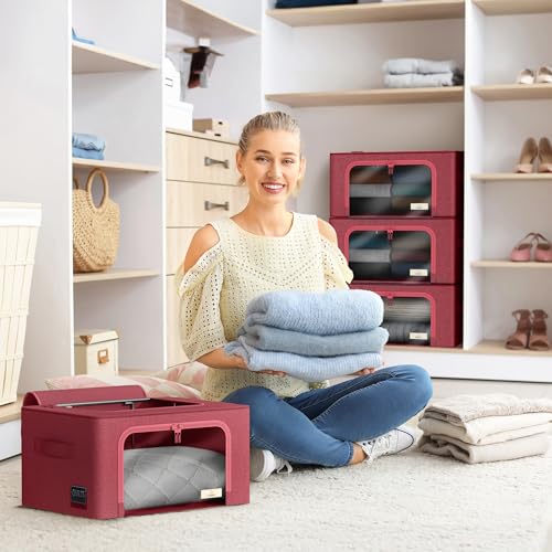 Sorbus Storage Bins with Metal Frame - Stackable & Foldable Clothes Organizer Bags - Oxford Fabric Storage Containers with Large Clear Window & Carry Handles, Bedroom Organization for Bedding & Linen - color: Pink, size: 6 Pack
