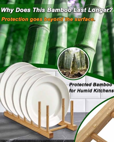 Bamboo Dish Rack, Stylish Vertical Wooden Plate Holder & Drainer, Multi-Purpose Kitchen Cabinet Organizer for Dishes, Pots, Lids, Bowls, Cups & Cutting Boards