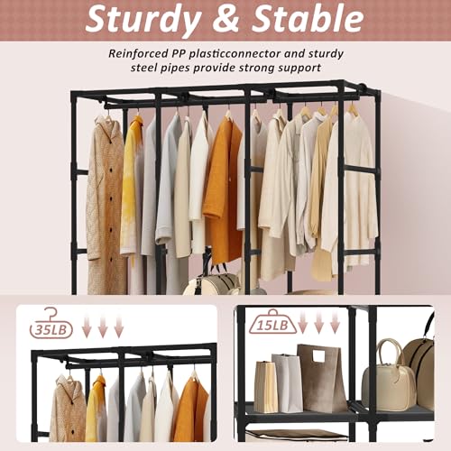 Wardrobe Closet, Quick and Easy Assembly, Gray Large Capacity Portable Closet with 3 Hanging Rods 6 Storage Shelves and 8 Side Pockets, Clothes Rack with Cover, for Bedroom and Living Room - color: Grey, size: 50 Inch