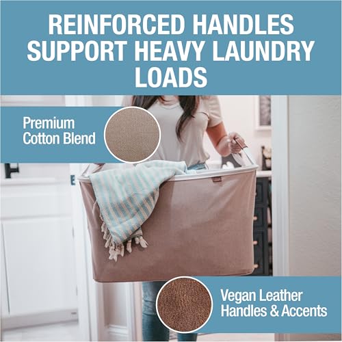CleverMade Collapsible Laundry Basket LUXE 2 Pack – 60L (16 Gal) Foldable Cotton Blend Clothes Hamper with Vegan Leather Accents, Reinforced Handles, Space Saving Laundry Bin Holds 55 lbs - Mocha - color: Mocha Cream