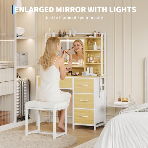 Garvee Vanity Desk with Square Mirror, 35.4” Makeup Vanity Table with Shelves, 4 Fabric Drawers Storage, Modern Dressing Table for Bedroom, Gift for Girls