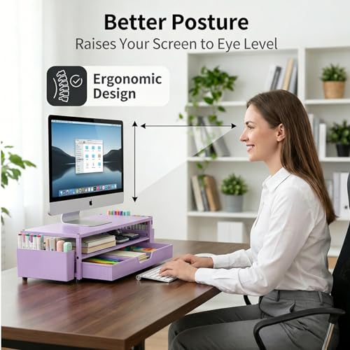 ECOLOVI Desk Organizer and Accessories, 2-Tier Computer Monitor Stand Rise with Storage Drawer & 2 Pen Holders, Laptop & Printer Stand for Desktop, Workspace Organizers for Office Supplies (Purple) - color: Purple