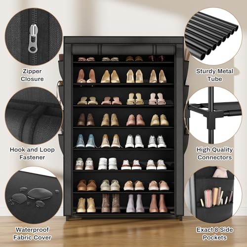 VILICK Shoe Rack with Cover, 8 Tier Tall Shoe Organizer Storage for 36-45 Pair Shoes and Boots Large Shoe Storage Shelf Free Standing Shoe Rack for Closet, Front Door Entrance, Dorm, Garage - color: Black, size: 33.8"W-8 Tier
