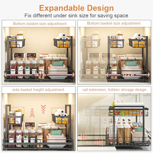 Under Sink Organizer, 1 Pack 2-Tier Expandable Pull Out Storage with Ball-Bearing Slides, Height Adjustable for Kitchen Bathroom Cabinet, Black