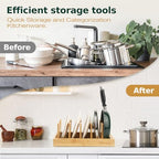 Wisreach Bamboo Pot Lid Organizer, Adjustable Kitchen Organizer for Cabinet, Expandable Pot and Pan Storage Rack, Kitchen Organization for Lids, Bakeware, and Cutting Boards