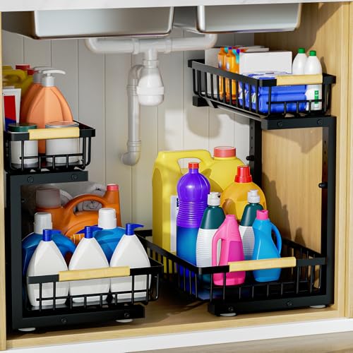 2Pcs Under Sink Organizer, Adjustable Under Sink Organizers and Storage, 2-Tier Pull Out Under Kitchen Sink Organizer, Sliding Out Metal Under Bathroom Sink Organizer for Kitchen Pantry Black - color: Black