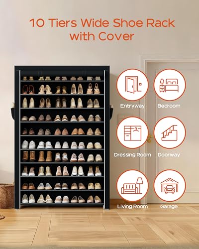 CASAMAYA Shoe Rack with Covers, 10 Tiers Tall Shoe Rack Organizer, Large Capacity Shoe Shelf Storage, Hold 50 Pairs of Shoes, Vertical Shoe Storage Organizer for Closet, Entryway, Black, SRT105B01 - size: 37.8"W - 10 Tier
