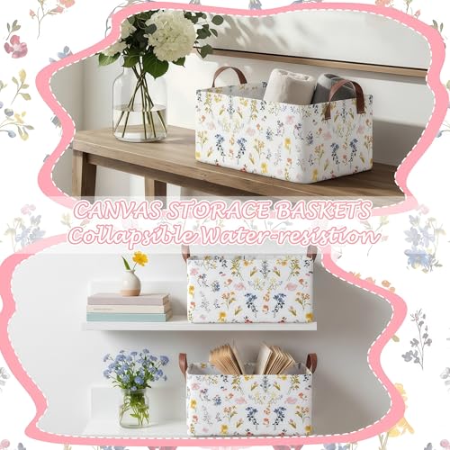 Boao 3 Pcs Watercolor Wildflowers Storage Bin Wildflowers Collapsible Large Storage Baskets for Gifts Canvas Laundry Basket Foldable Box with Handle for Office Home Bedroom Clothes - style: Light Wildflower